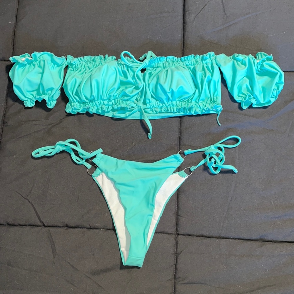 Bright coral blue off the shoulder 2 piece